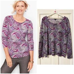 Talbots GATHERED SHOULDER 100% MERINO SWEATER Purple Paisley Long Sleeve Top